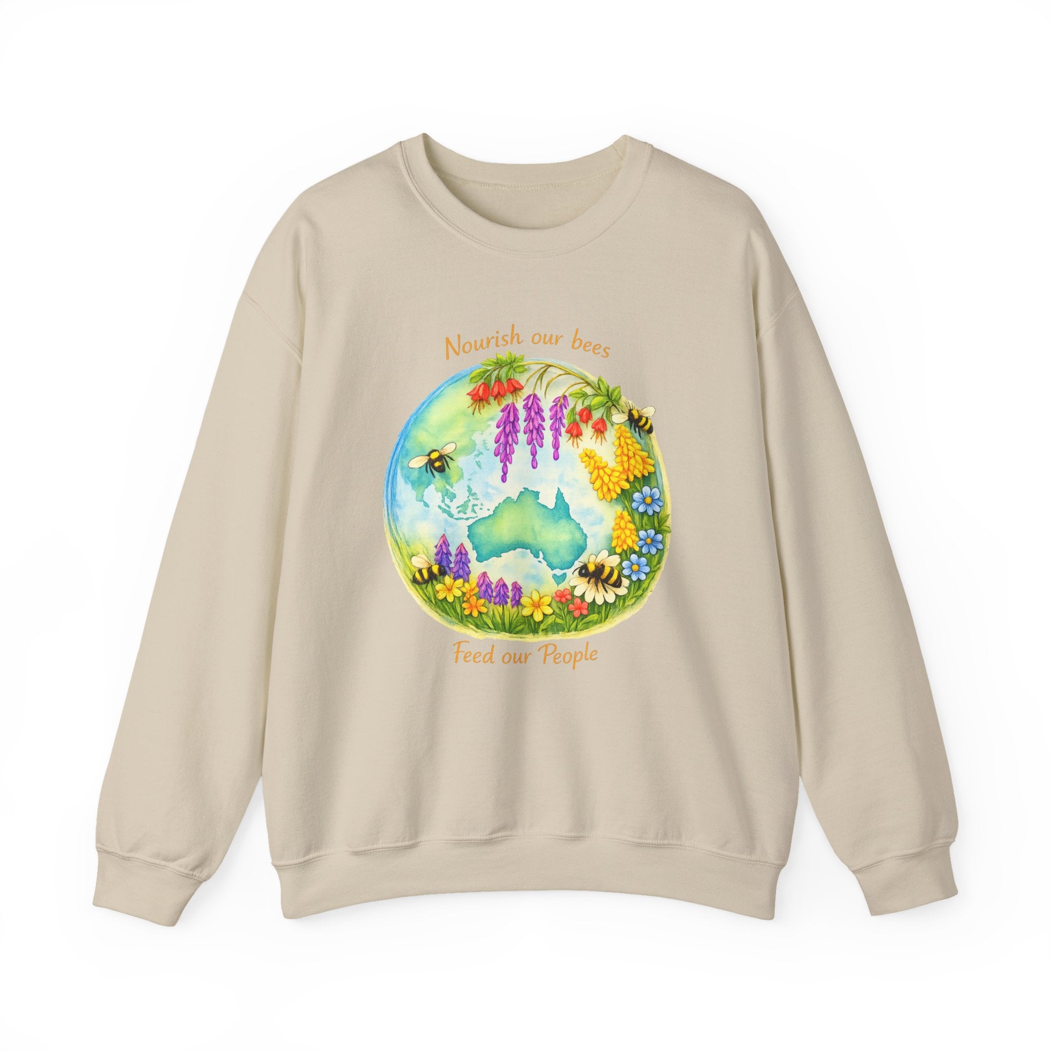 Crewneck Sweatshirt – "Nourish Our Bees, Feed Our People" Floral Australia Bee Conservation Design