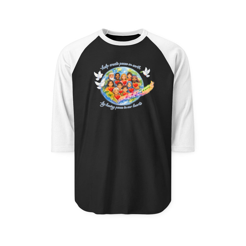 Raglan Shirt — "Help create peace on earth" Dove & Children Graphic Baseball Tee