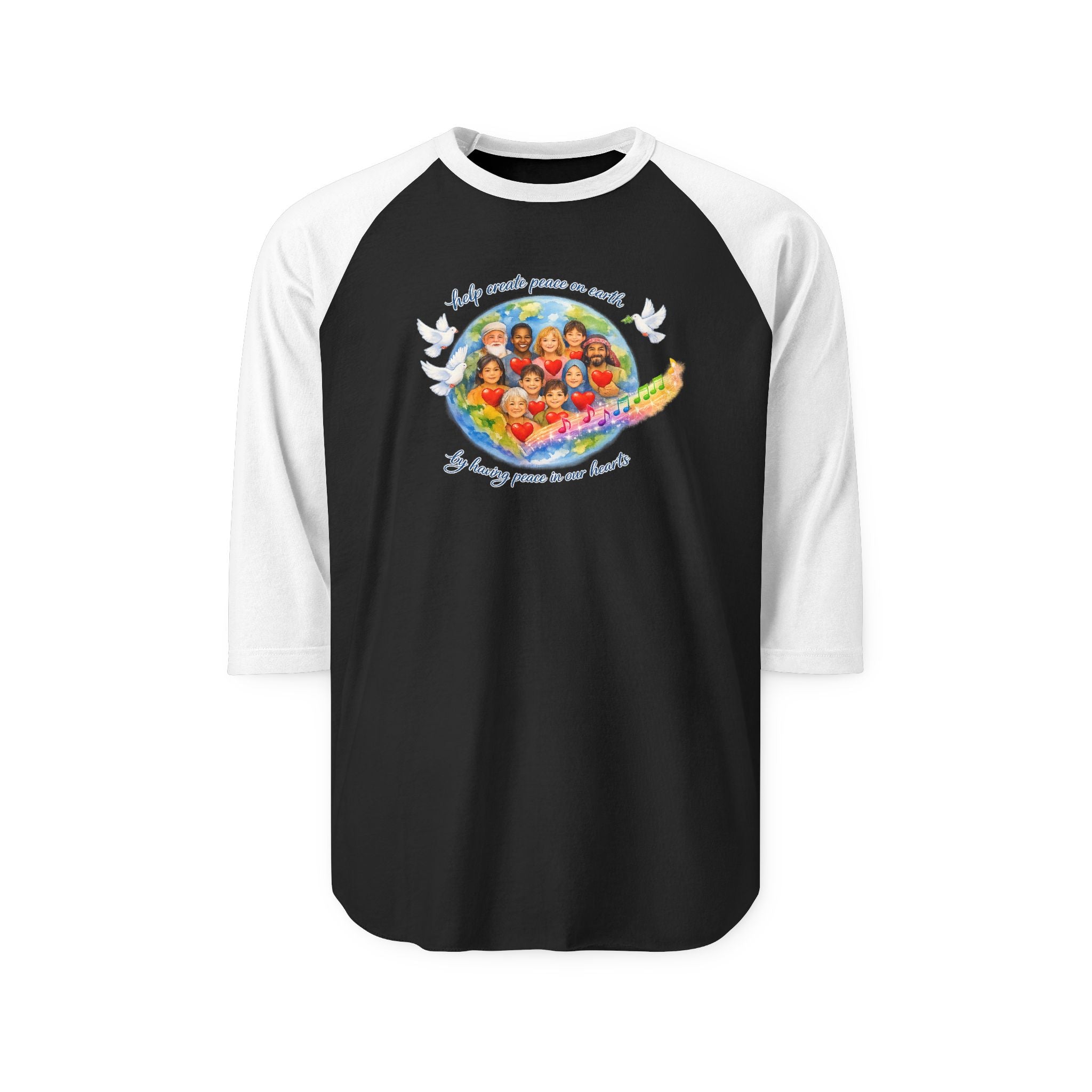 Raglan Shirt — "Help create peace on earth" Dove & Children Graphic Baseball Tee