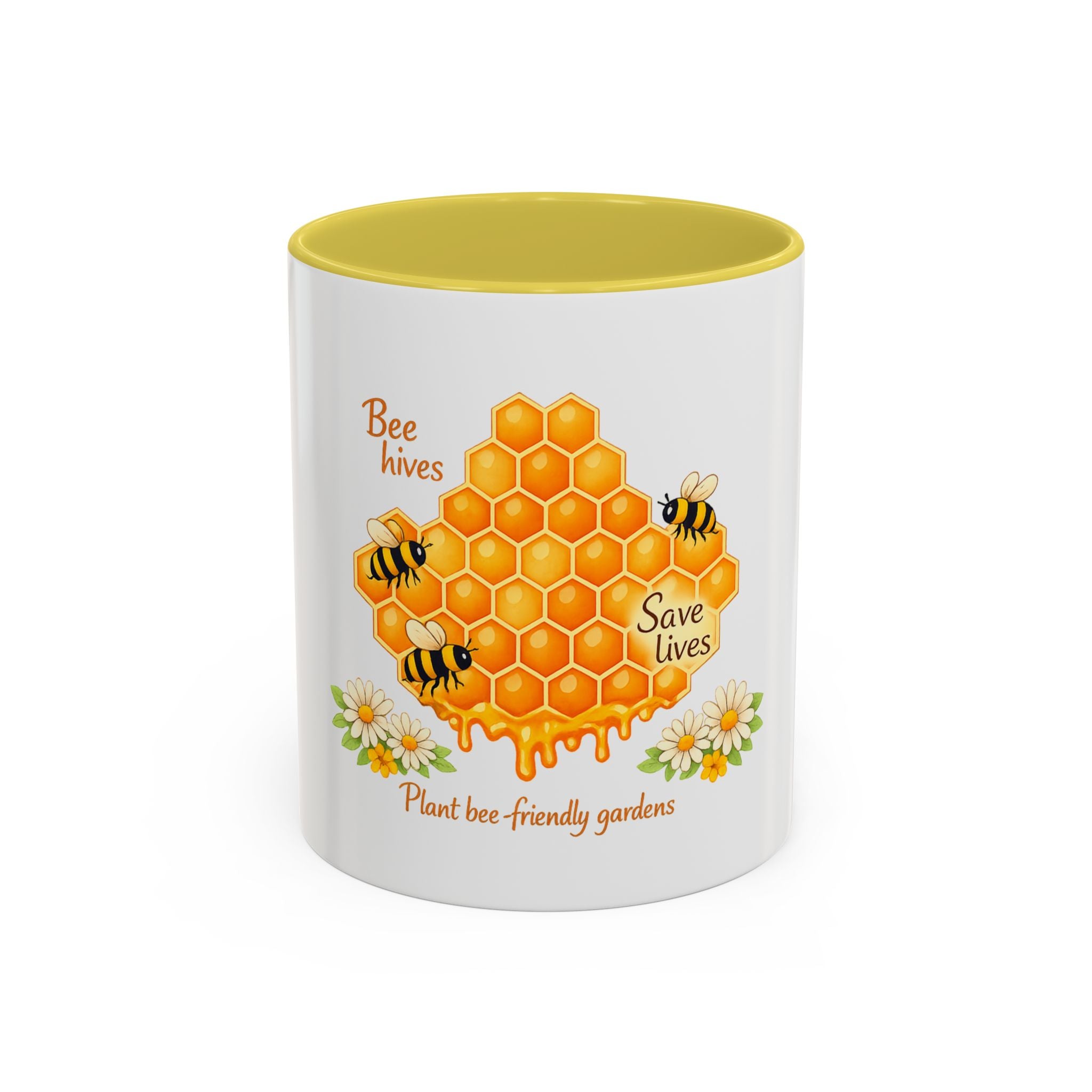 Bee-Friendly Honeycomb Mug — “Bee hives Save Lives” 11oz/15oz