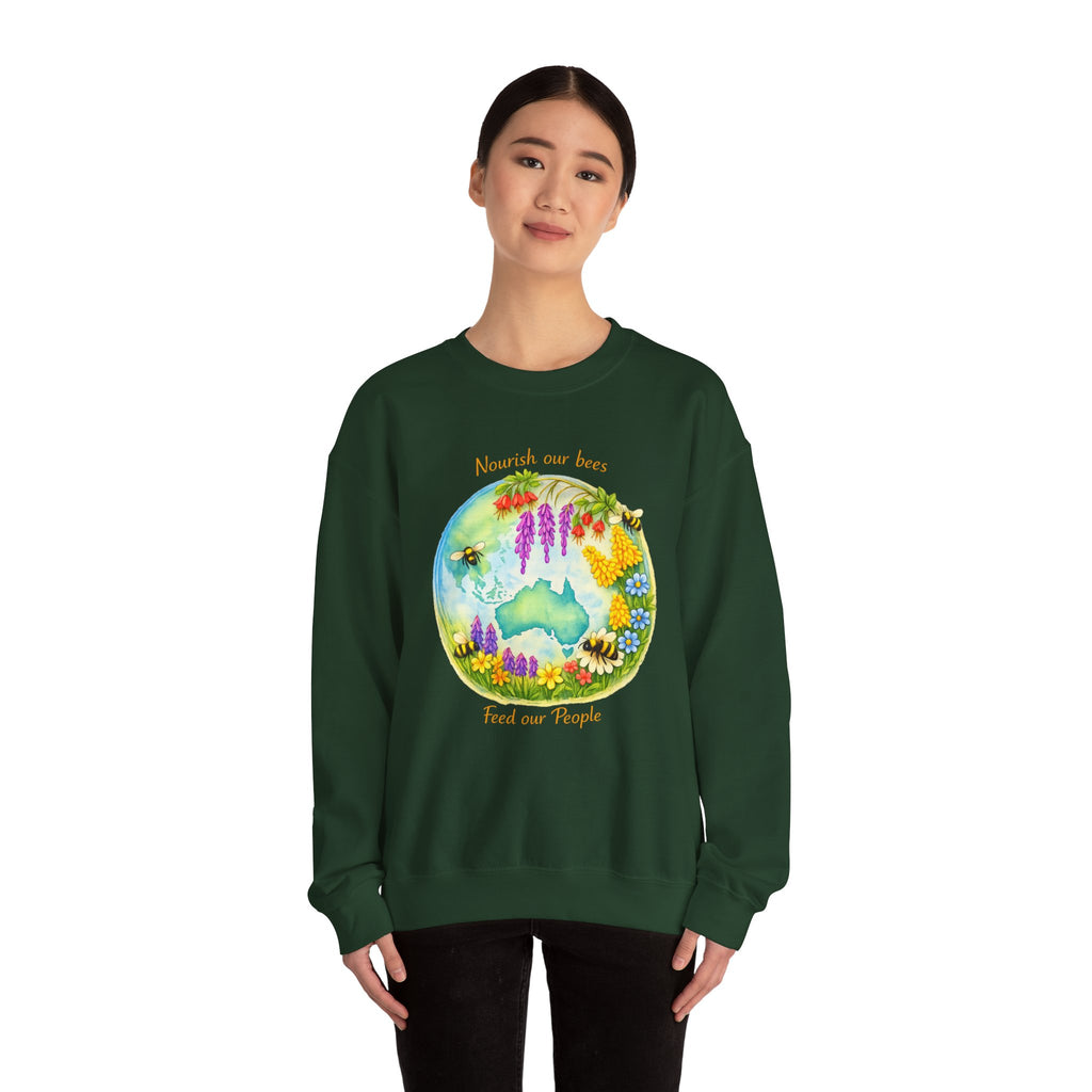 Crewneck Sweatshirt – "Nourish Our Bees, Feed Our People" Floral Australia Bee Conservation Design