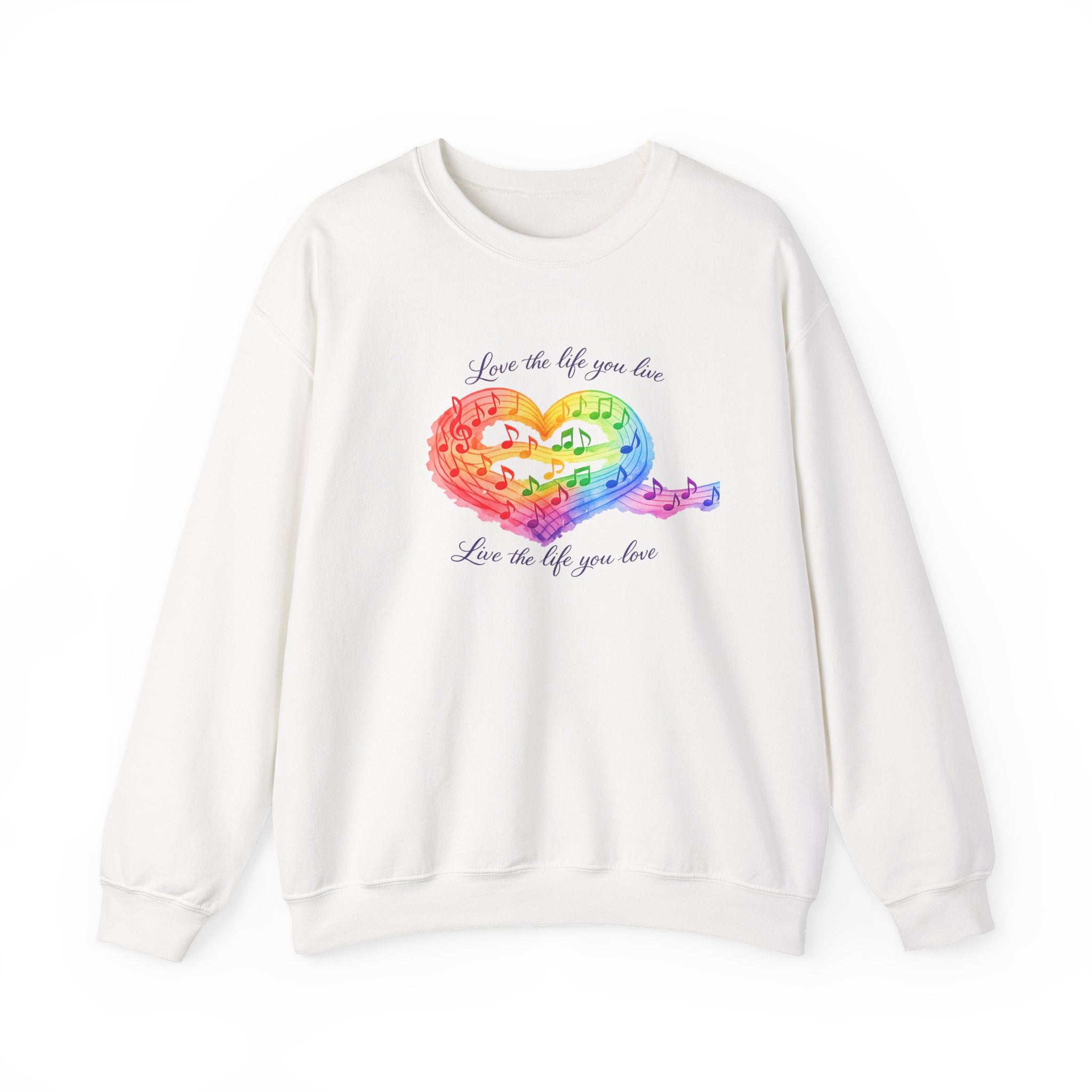 Crewneck Sweatshirt — Rainbow Heart “Love the Life You Live” Cozy Pullover