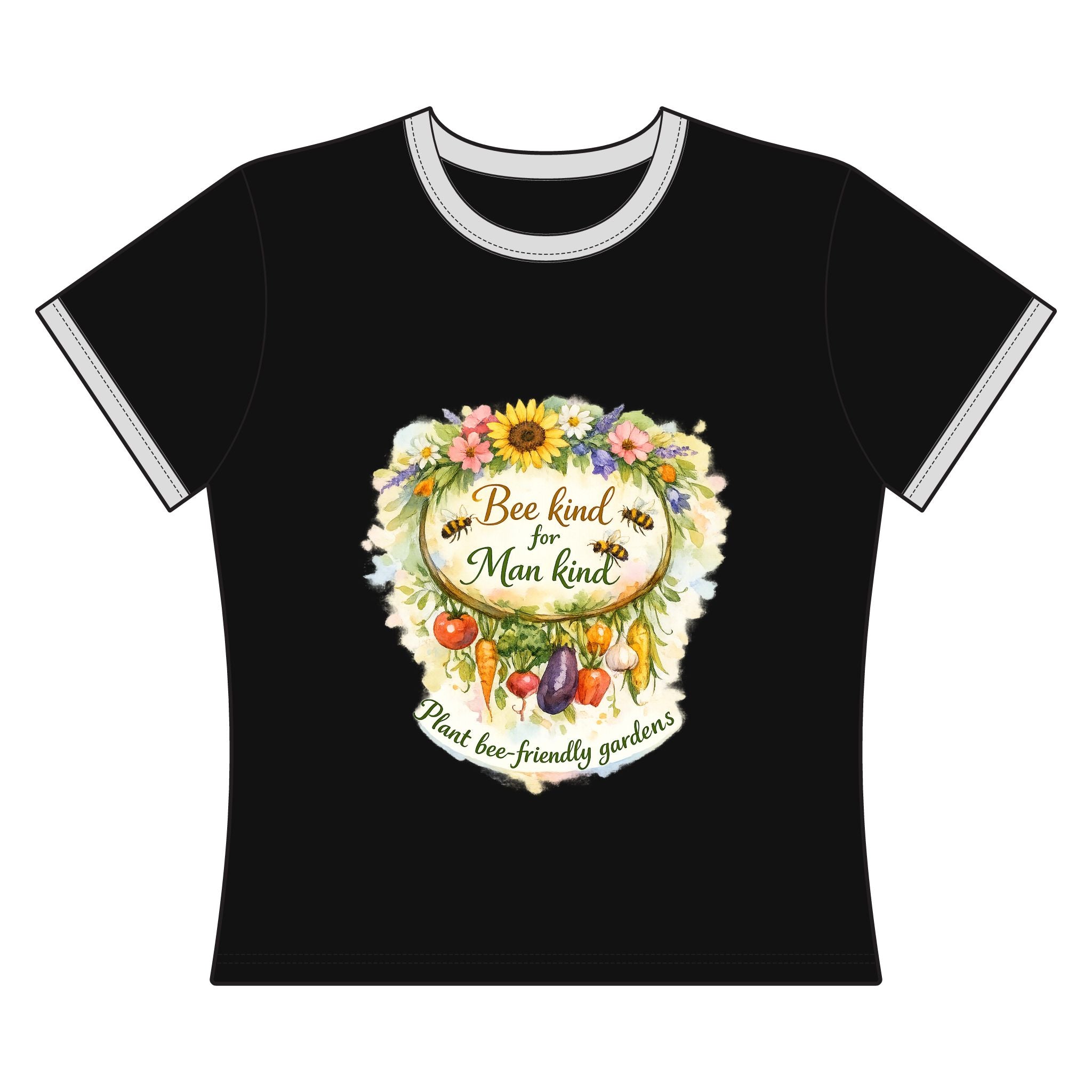 Bee Kind for Mankind Women's Ringer Tee – Garden Bees & Floral Conservation Shirt