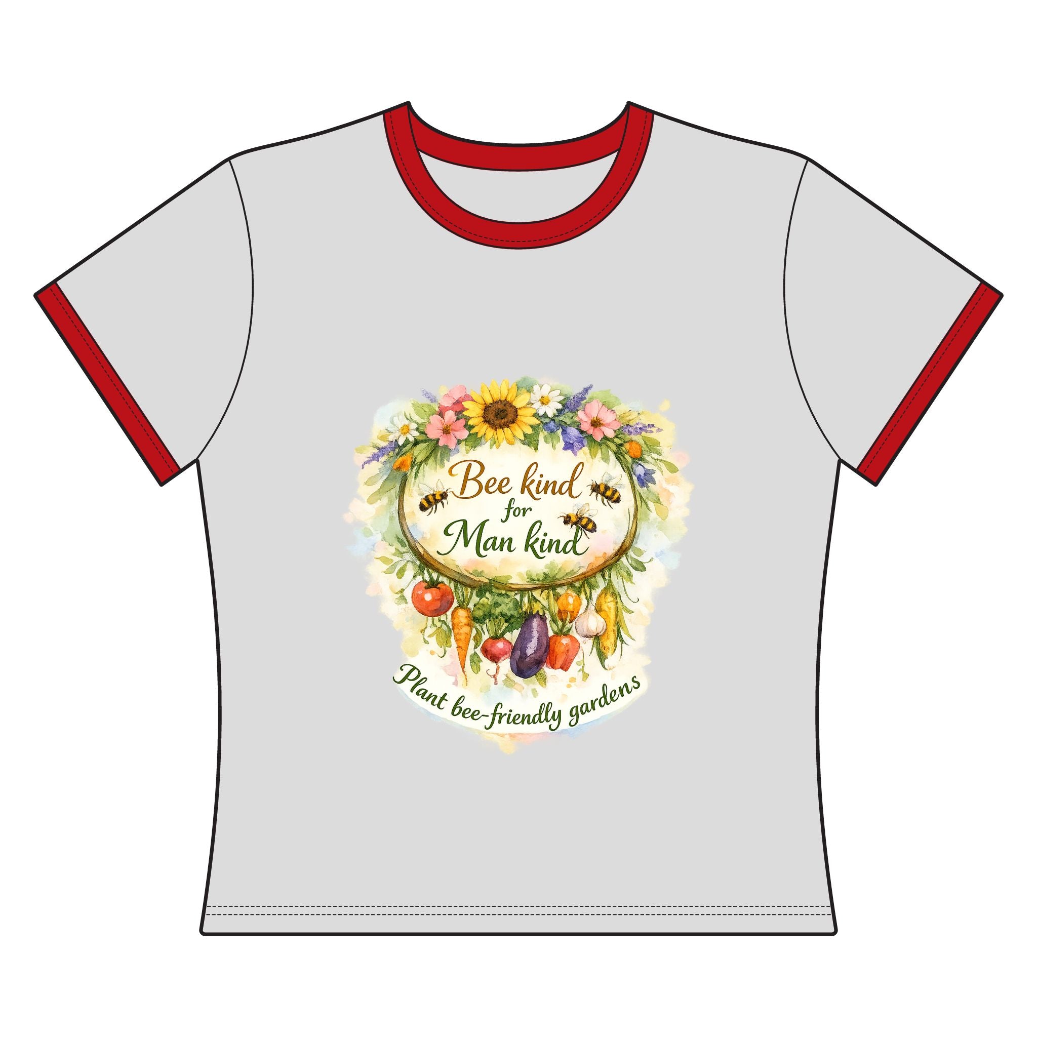 Bee Kind for Mankind Women's Ringer Tee – Garden Bees & Floral Conservation Shirt