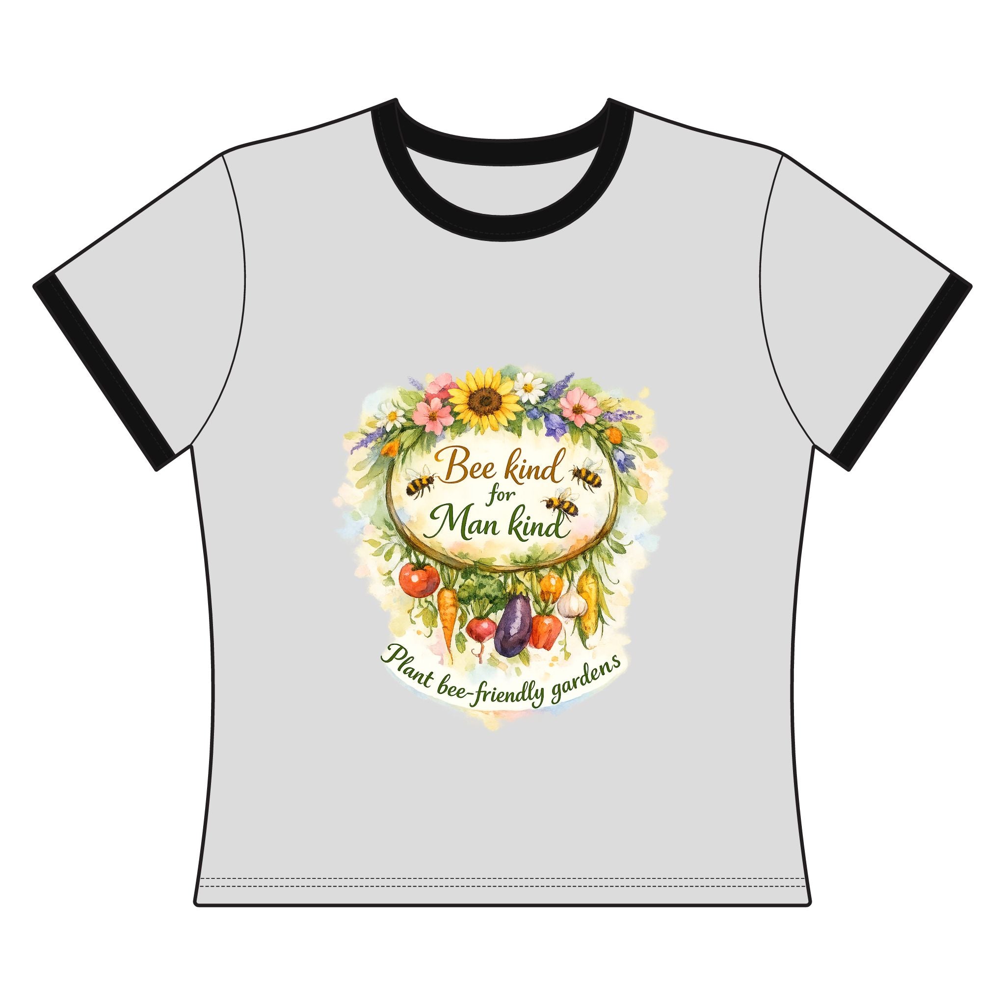 Bee Kind for Mankind Women's Ringer Tee – Garden Bees & Floral Conservation Shirt