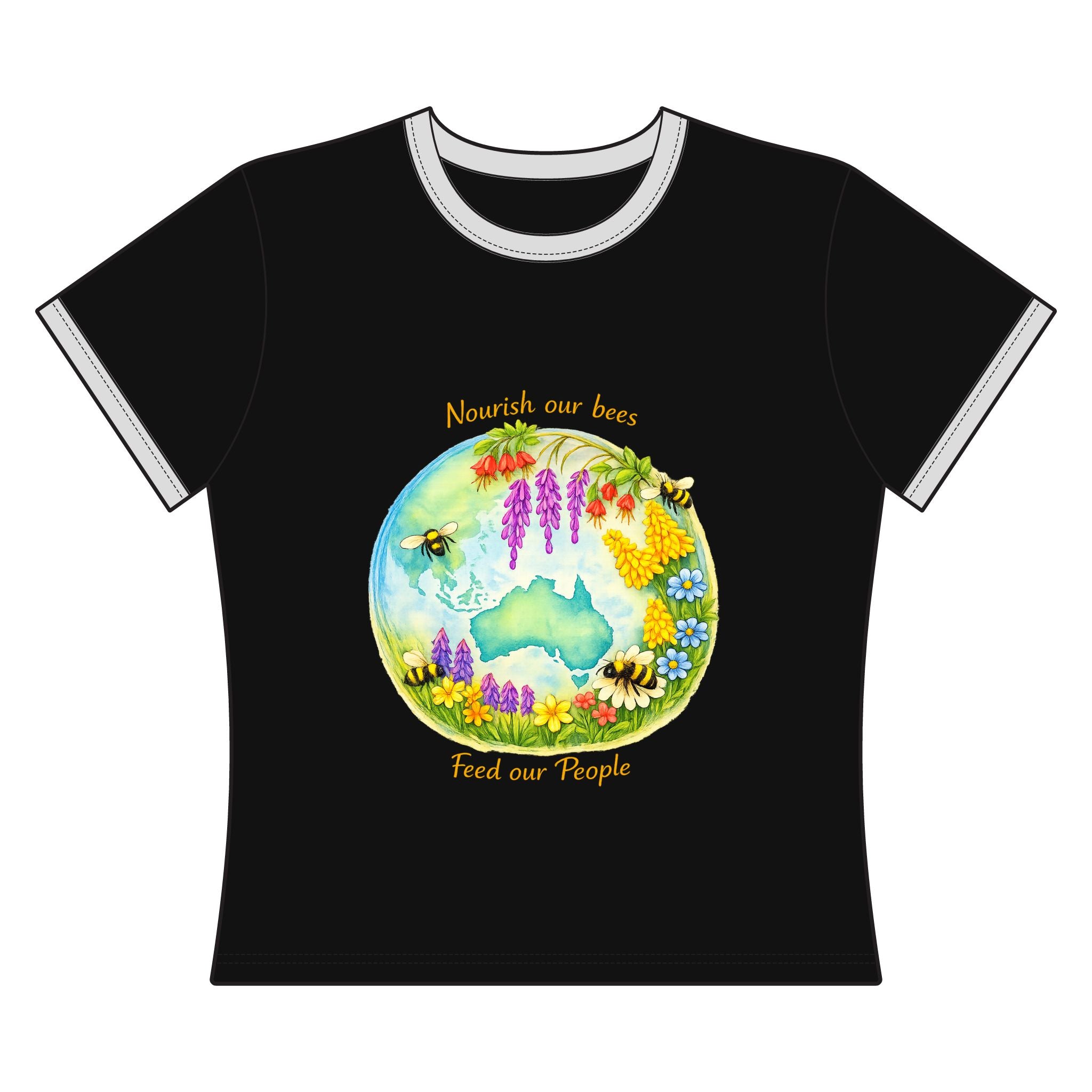 Women's Ringer Tee — 'Nourish Our Bees, Feed Our People' Floral Australia Tee