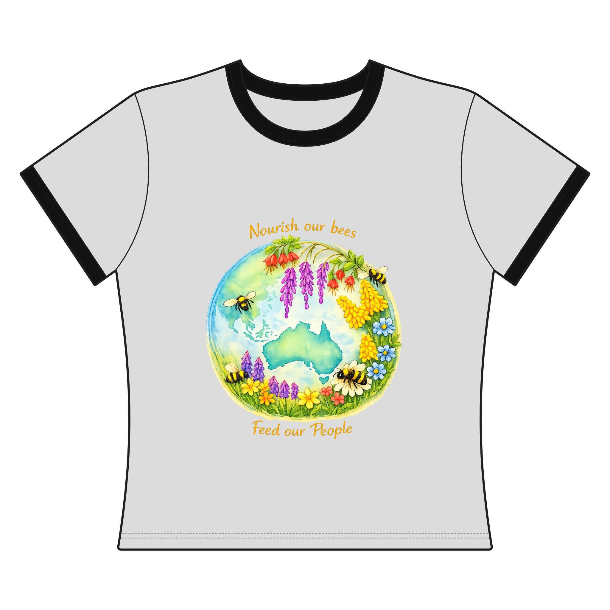 Women's Ringer Tee — 'Nourish Our Bees, Feed Our People' Floral Australia Tee