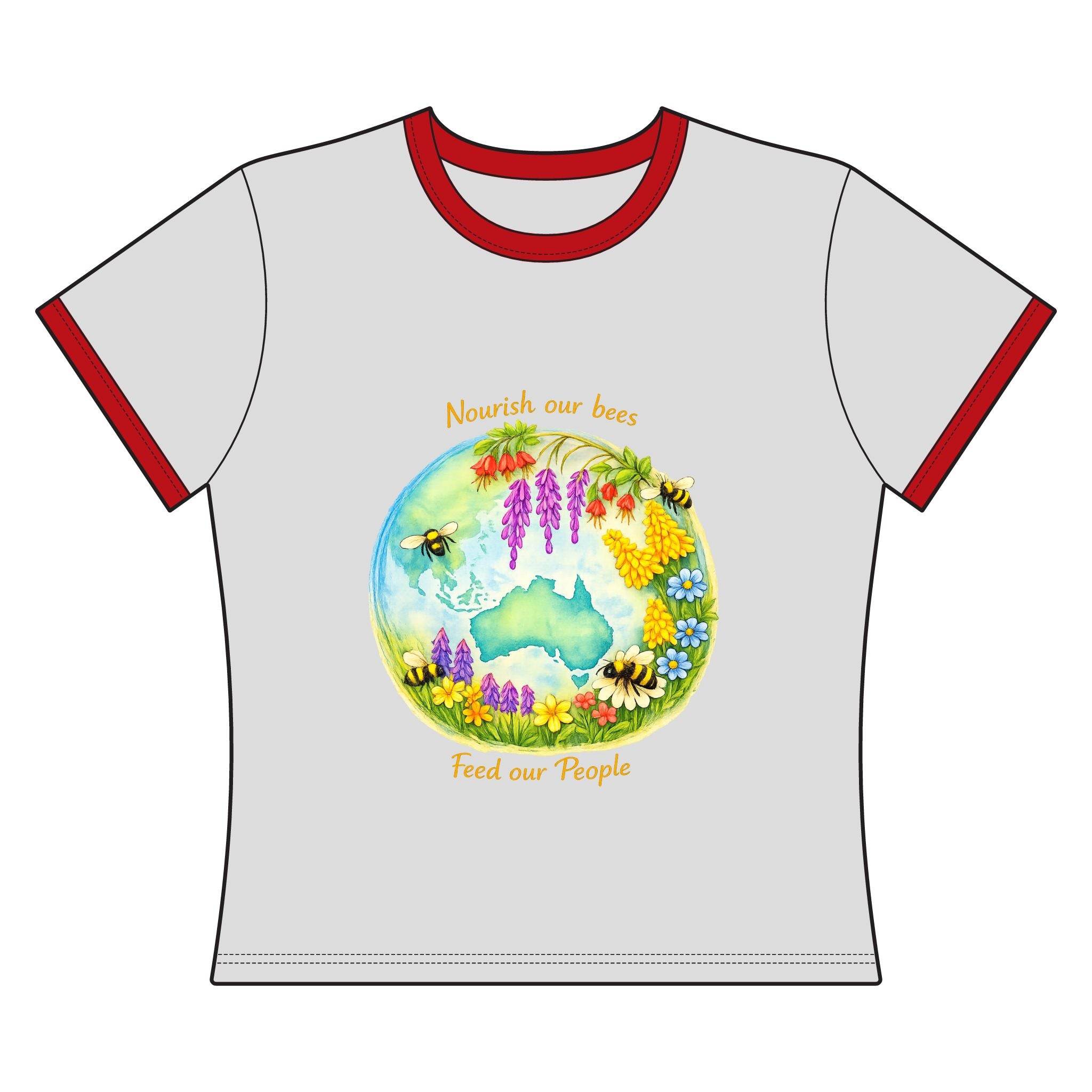 Women's Ringer Tee — 'Nourish Our Bees, Feed Our People' Floral Australia Tee