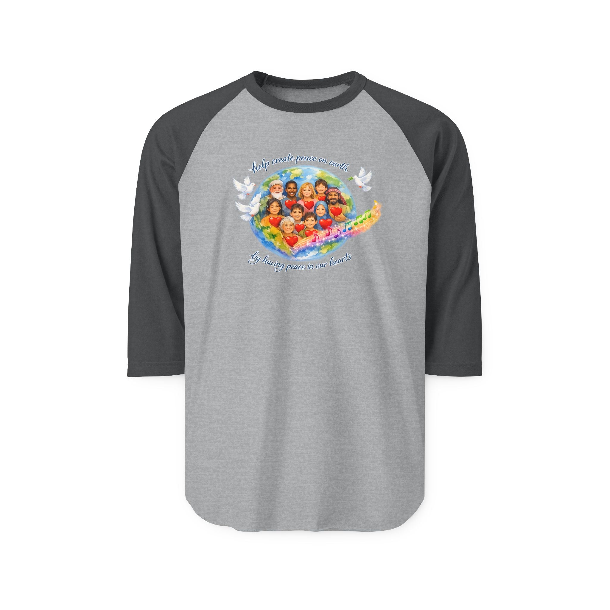 Raglan Shirt — "Help create peace on earth" Dove & Children Graphic Baseball Tee