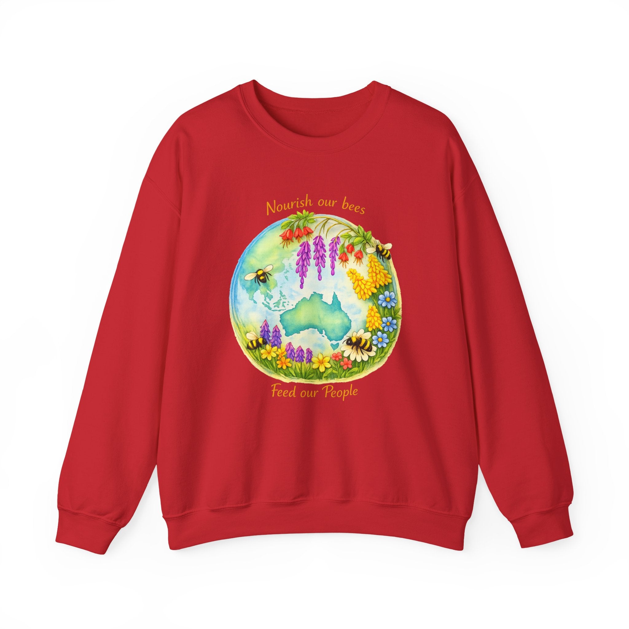 Crewneck Sweatshirt – "Nourish Our Bees, Feed Our People" Floral Australia Bee Conservation Design
