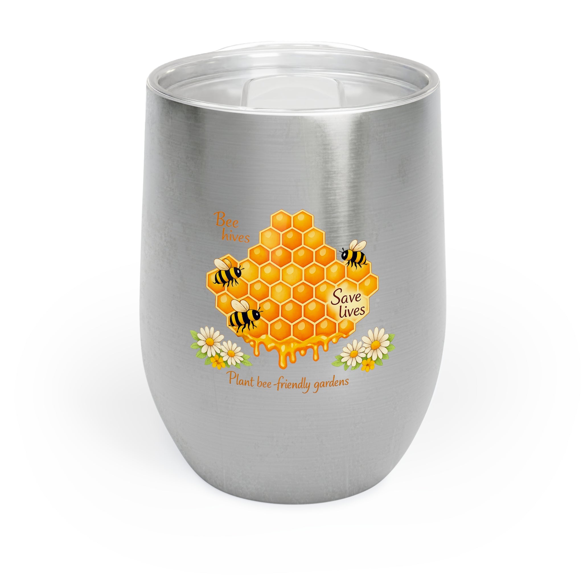 Chill Wine Tumbler — Bee Friendly Honeycomb Floral Design (International Bee Day)