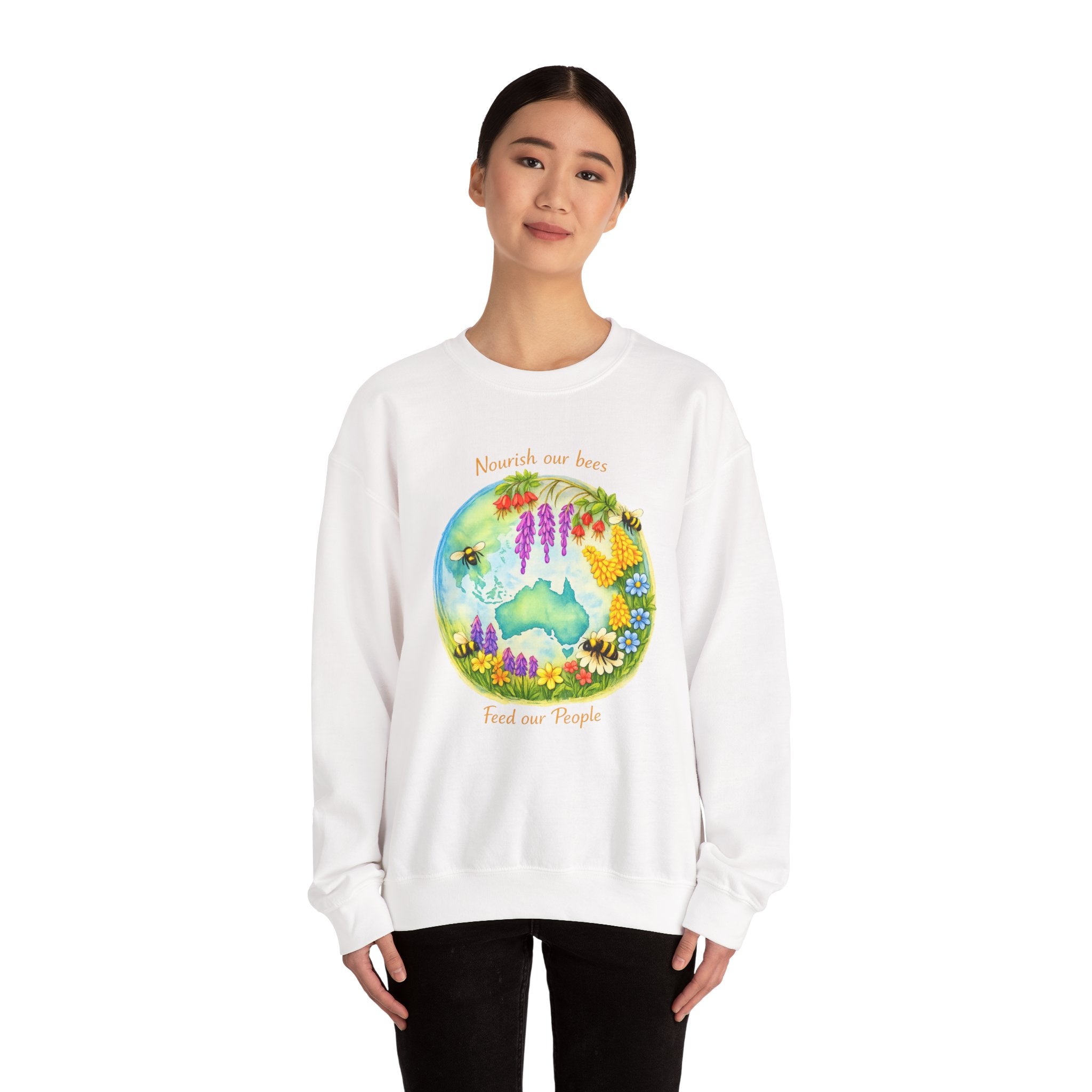 Crewneck Sweatshirt – "Nourish Our Bees, Feed Our People" Floral Australia Bee Conservation Design