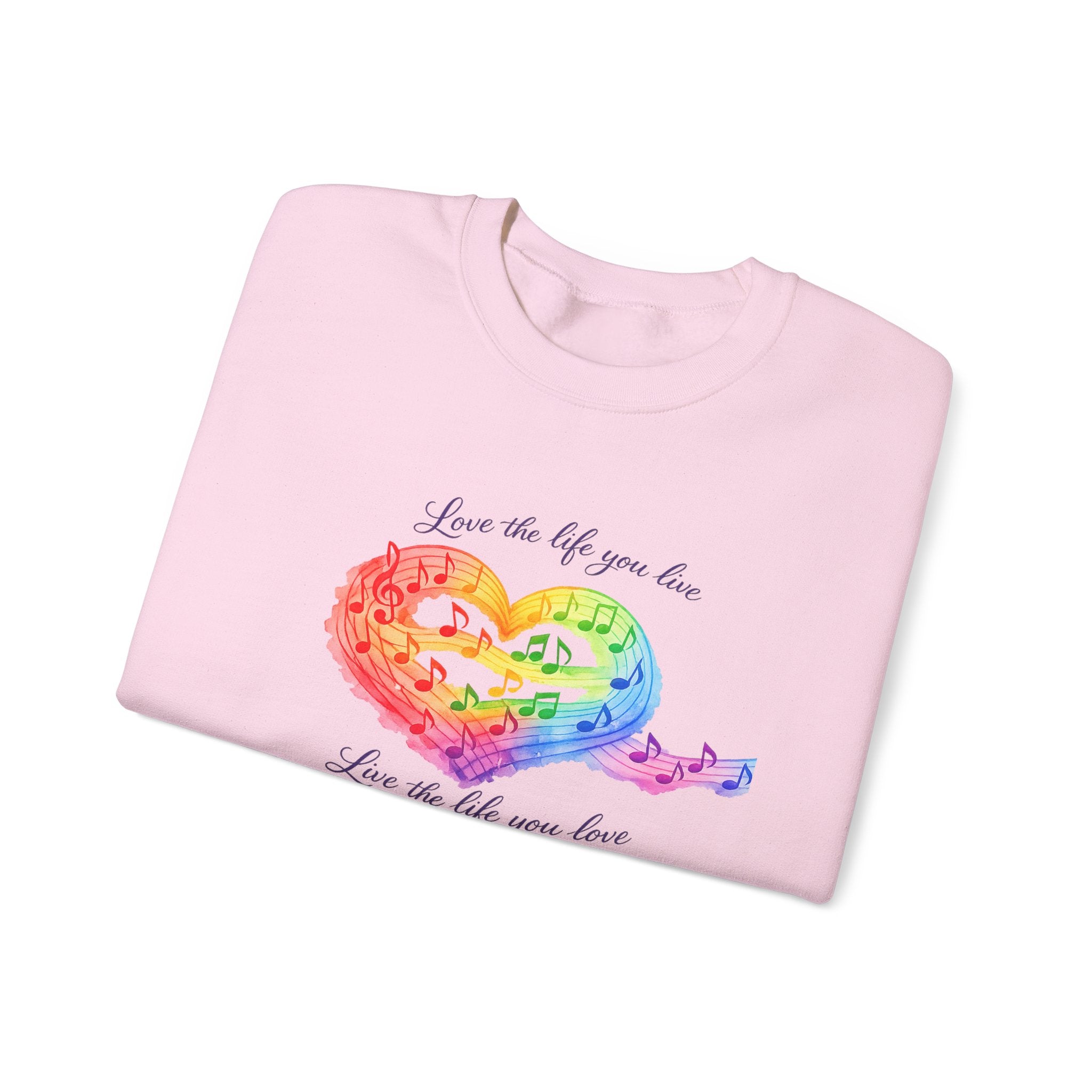Crewneck Sweatshirt — Rainbow Heart “Love the Life You Live” Cozy Pullover