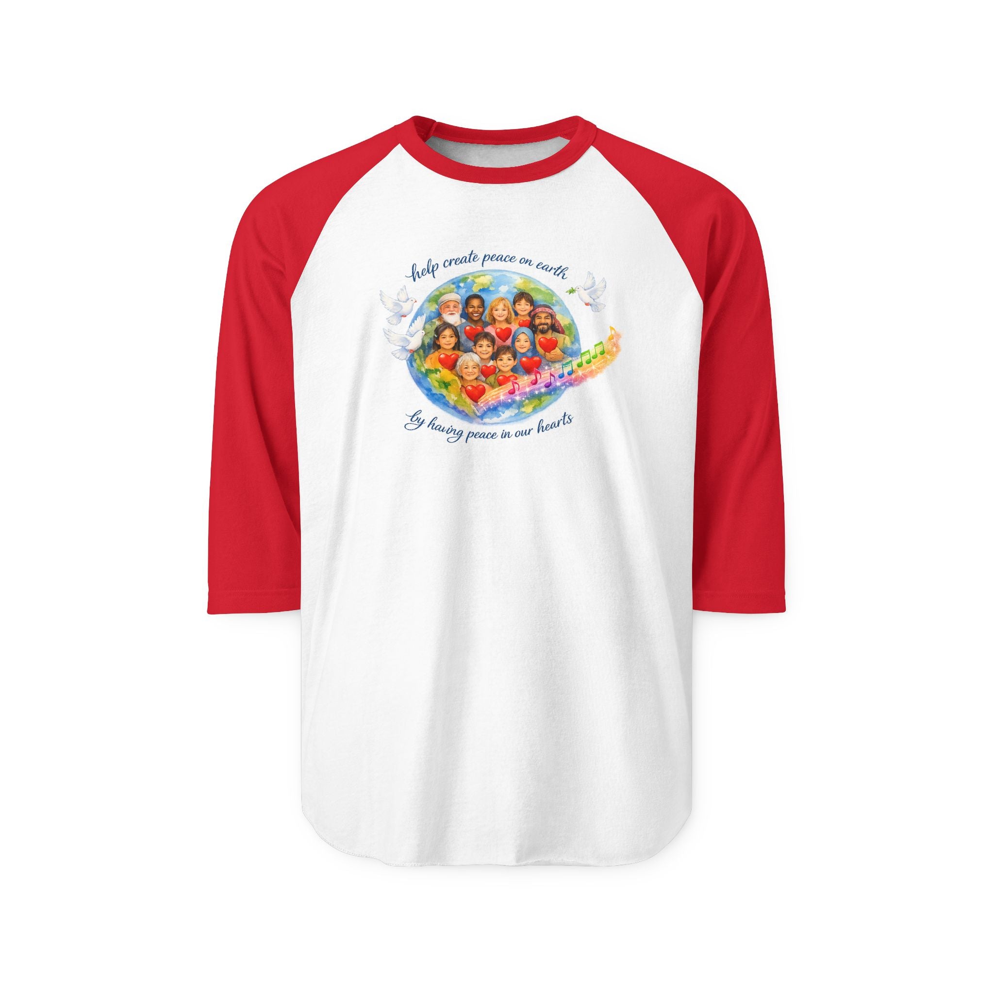 Raglan Shirt — "Help create peace on earth" Dove & Children Graphic Baseball Tee