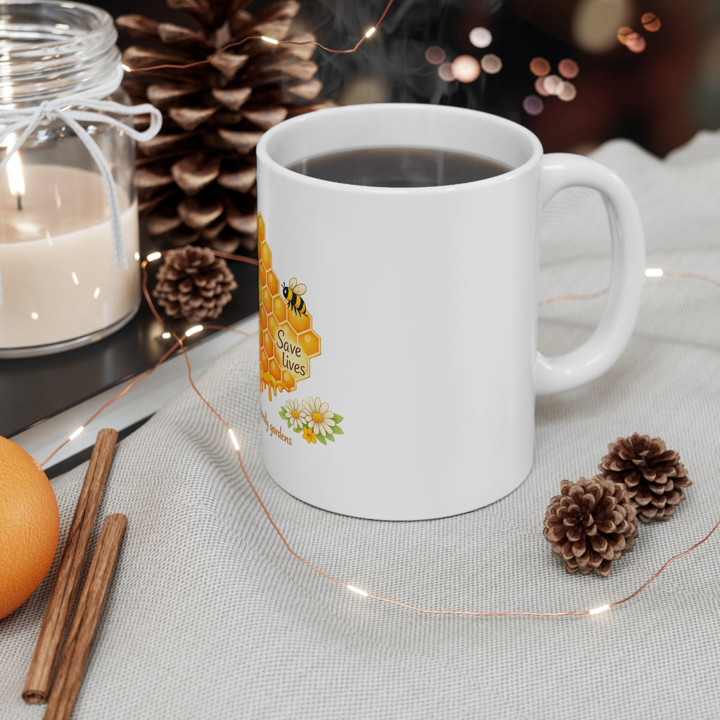 Bee-Friendly Mug — 'Bee Hives Save Lives' Honeycomb Coffee Cup