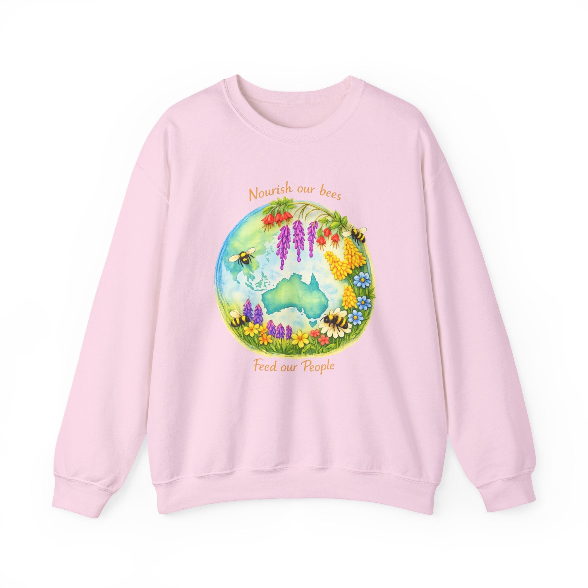 Crewneck Sweatshirt – "Nourish Our Bees, Feed Our People" Floral Australia Bee Conservation Design