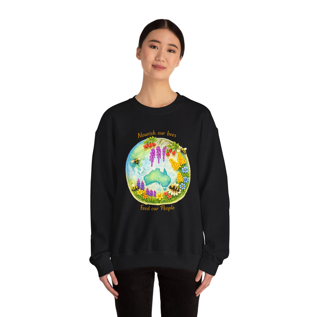 Crewneck Sweatshirt – "Nourish Our Bees, Feed Our People" Floral Australia Bee Conservation Design