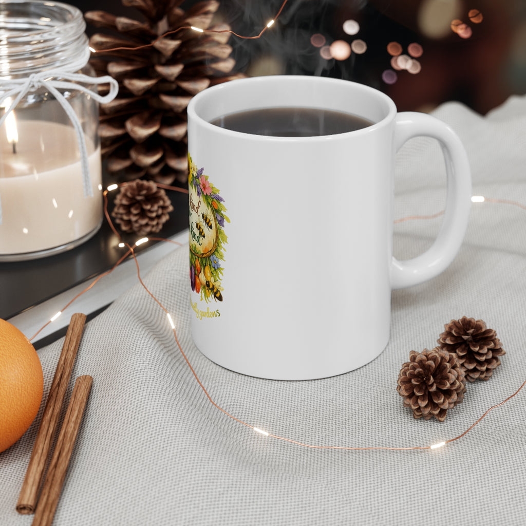 Bee Kind for Mankind Floral Mug — Eco-Friendly Gardeners Coffee Cup