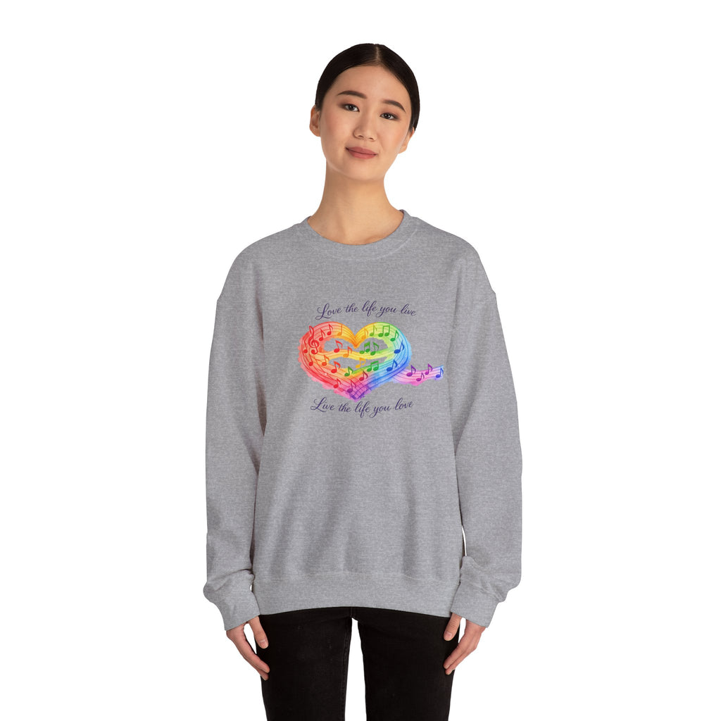 Crewneck Sweatshirt — Rainbow Heart “Love the Life You Live” Cozy Pullover