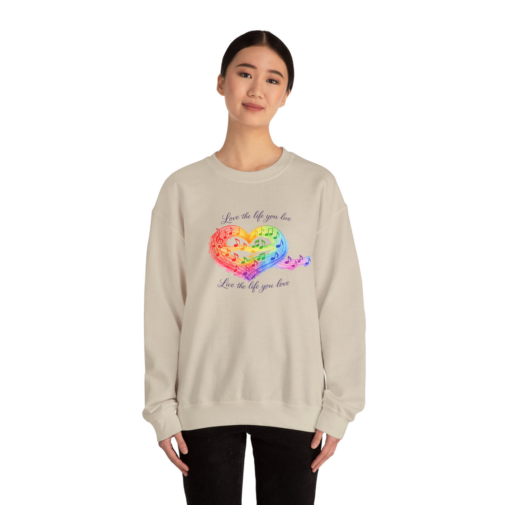 Crewneck Sweatshirt — Rainbow Heart “Love the Life You Live” Cozy Pullover