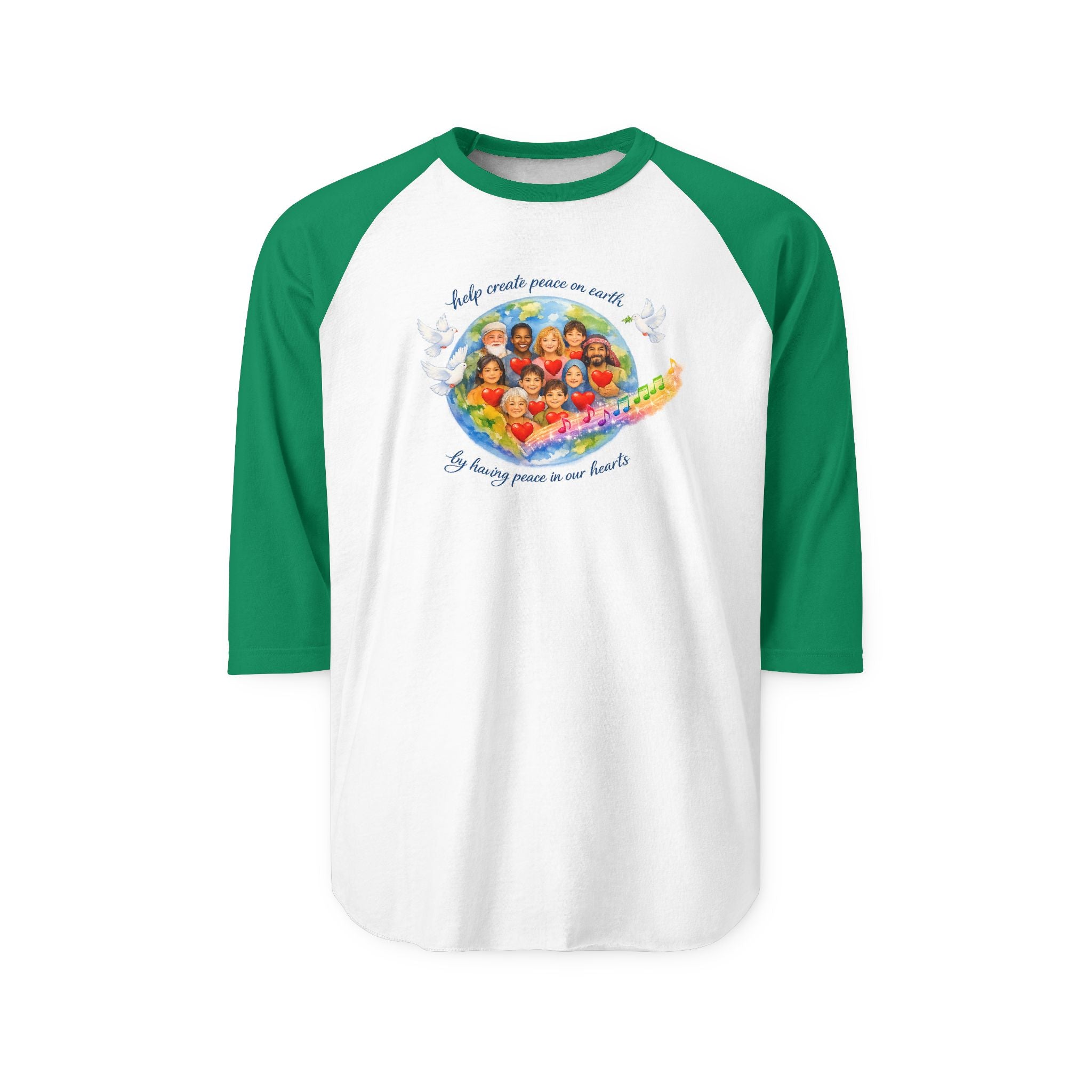 Raglan Shirt — "Help create peace on earth" Dove & Children Graphic Baseball Tee