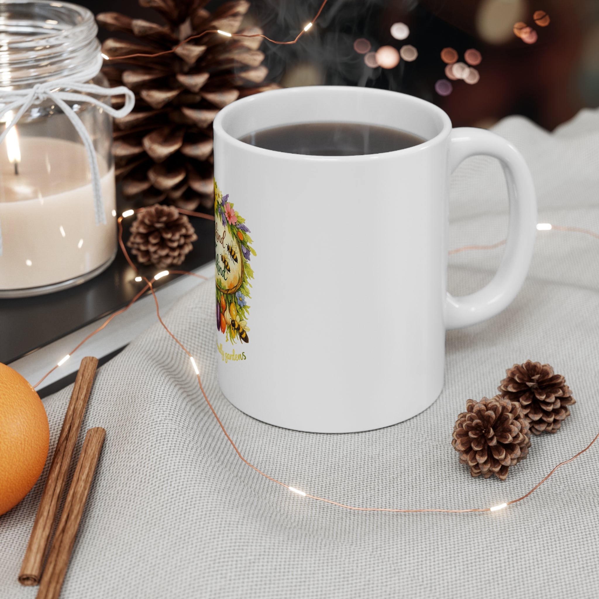 Bee Kind for Mankind 11oz Coffee Mug — Floral, Veggie Garden & Bee-Friendly Message
