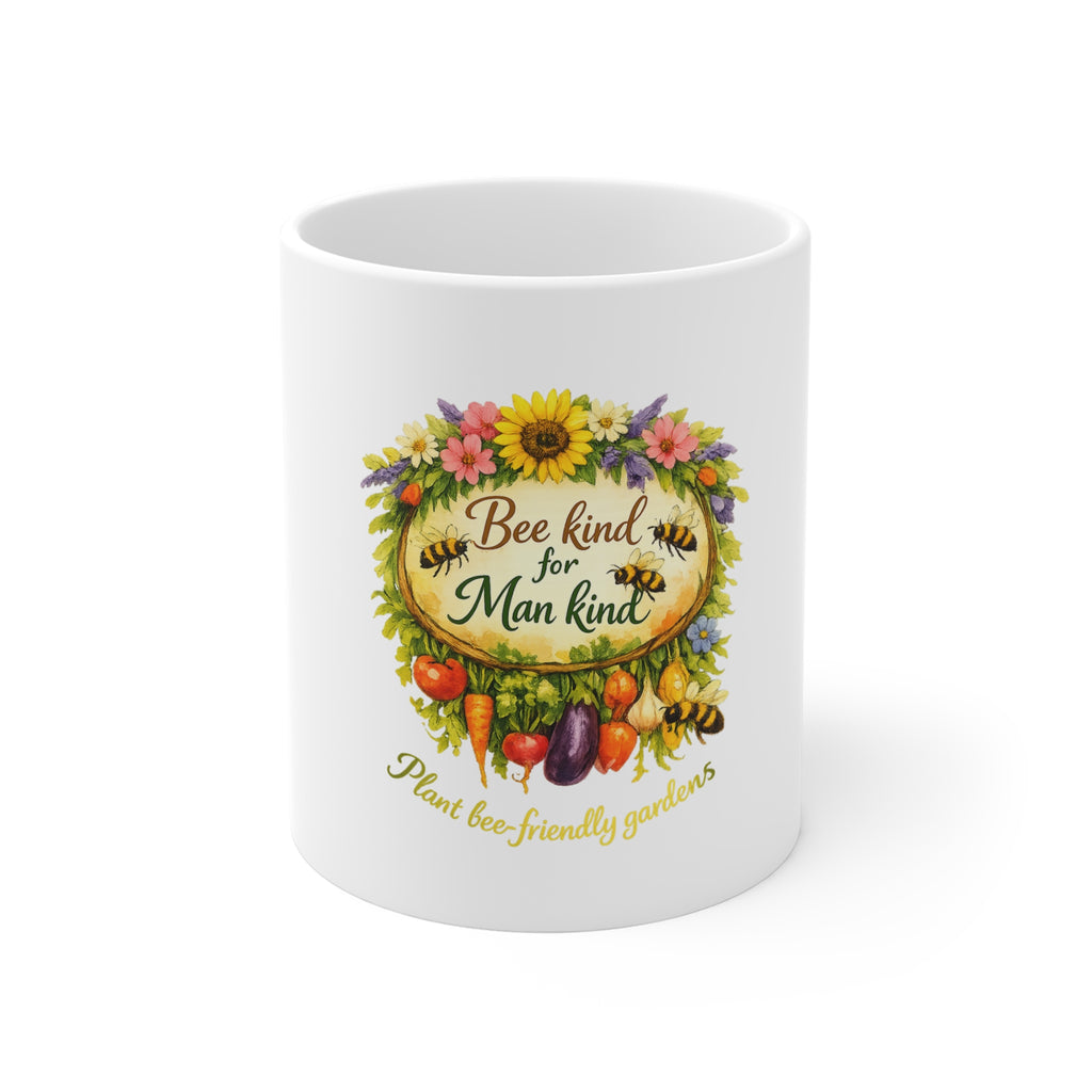 Bee Kind for Mankind Floral Mug — Eco-Friendly Gardeners Coffee Cup