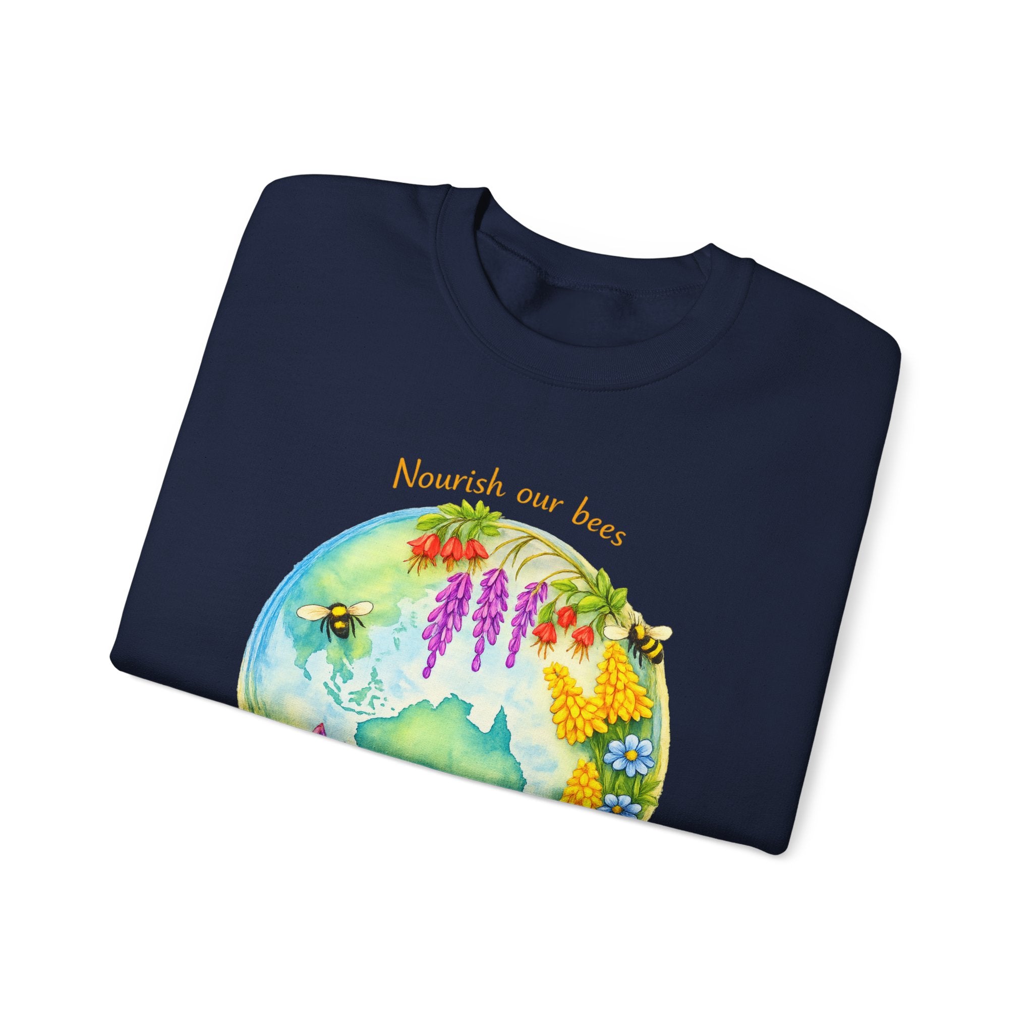 Crewneck Sweatshirt – "Nourish Our Bees, Feed Our People" Floral Australia Bee Conservation Design