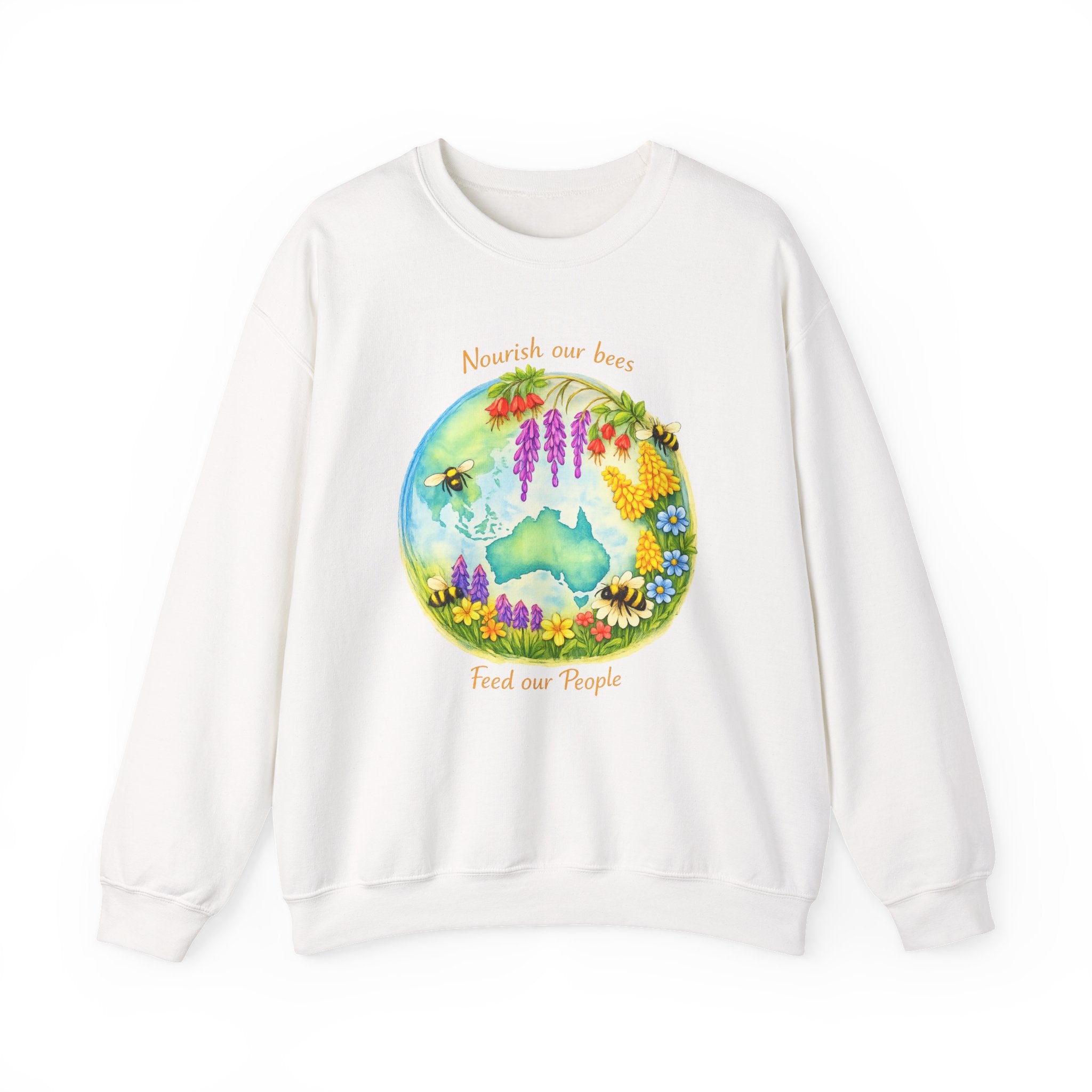 Crewneck Sweatshirt – "Nourish Our Bees, Feed Our People" Floral Australia Bee Conservation Design
