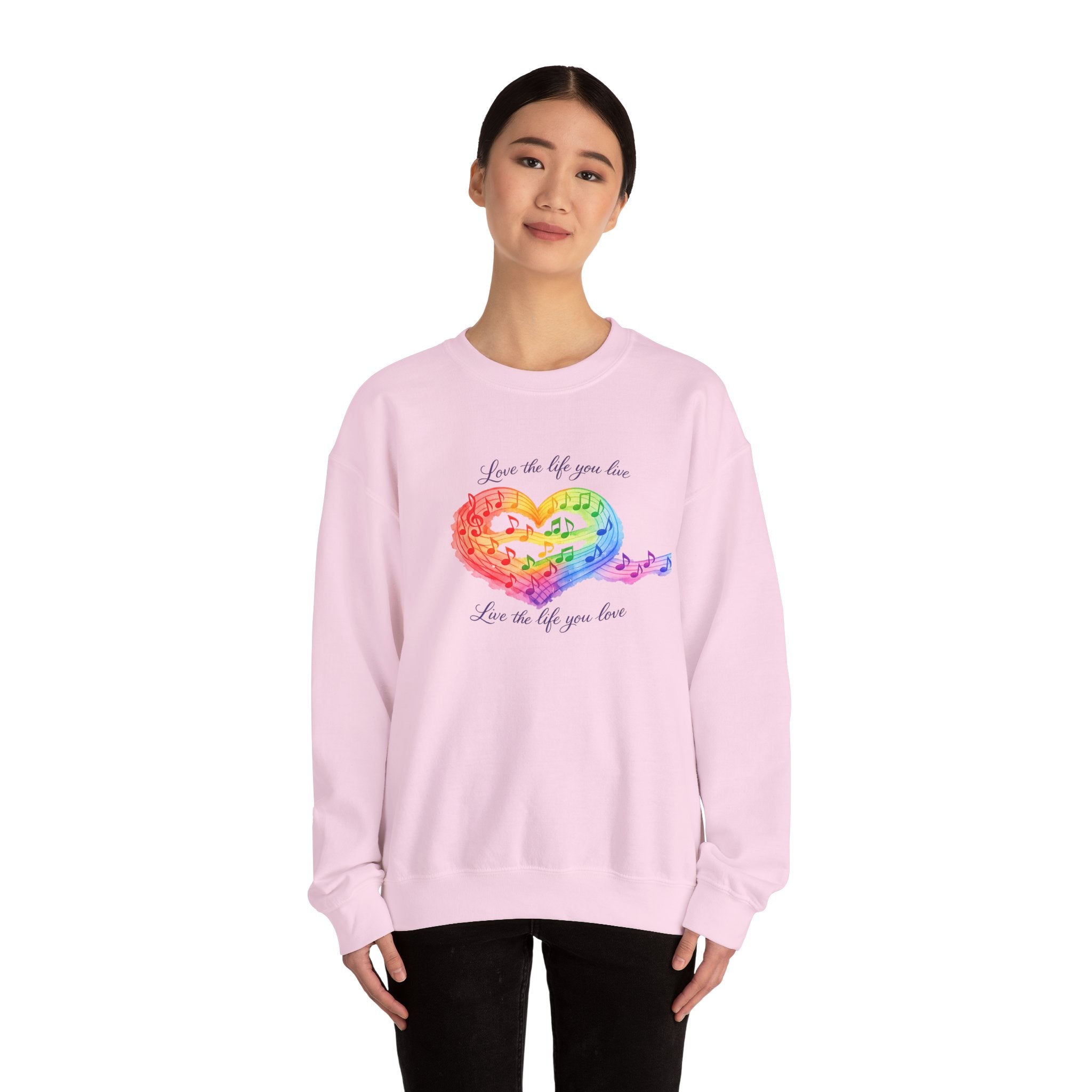 Crewneck Sweatshirt — Rainbow Heart “Love the Life You Live” Cozy Pullover