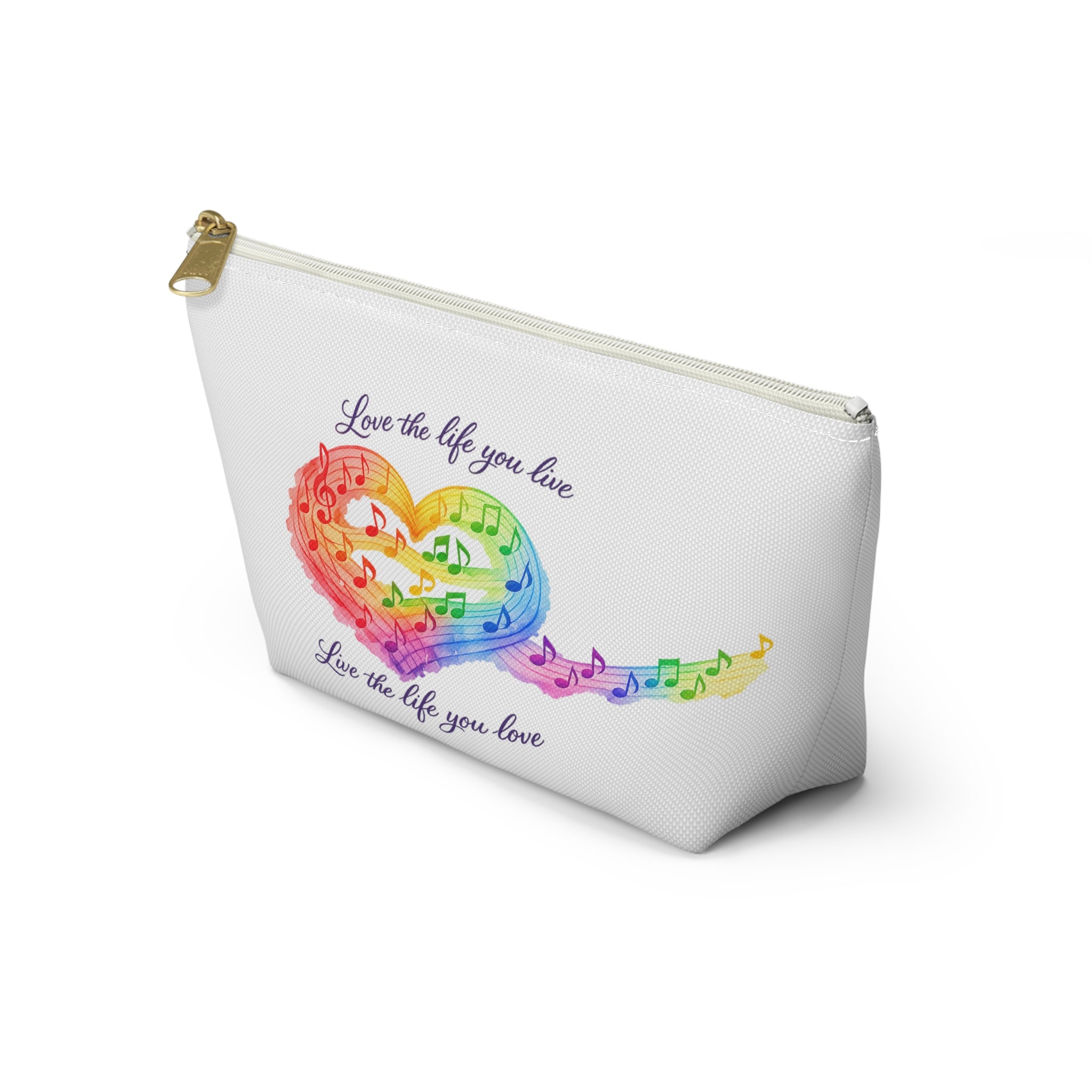 Rainbow Music Heart Accessory Pouch — 'Love the Life You Live' Toiletry Bag