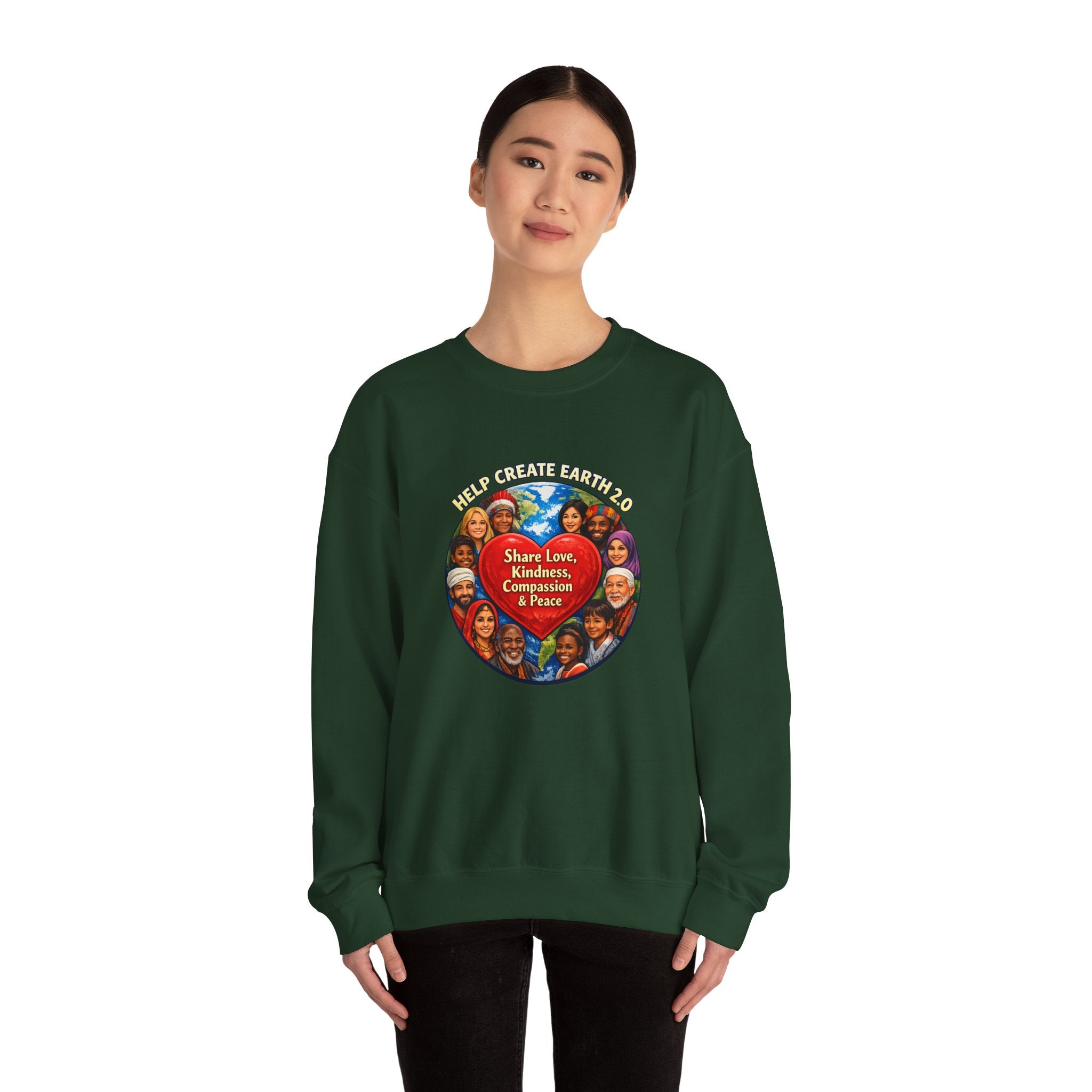 Crewneck Sweatshirt – "Share Love, Kindness, Compassion & Peace" Multicultural Heart Design