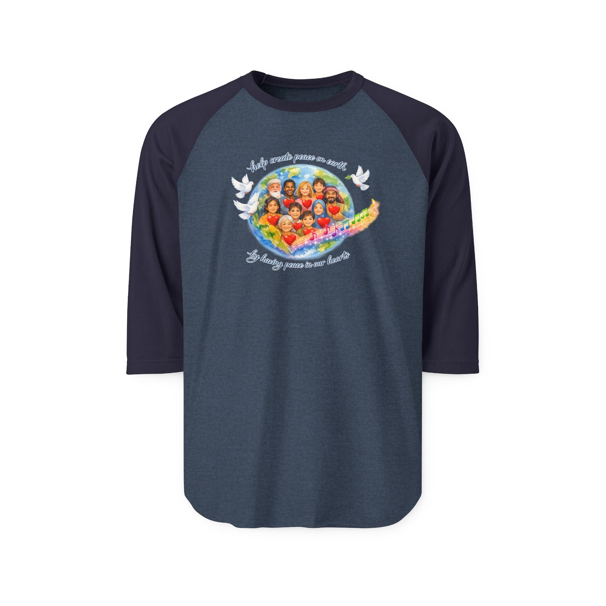 Raglan Shirt — "Help create peace on earth" Dove & Children Graphic Baseball Tee
