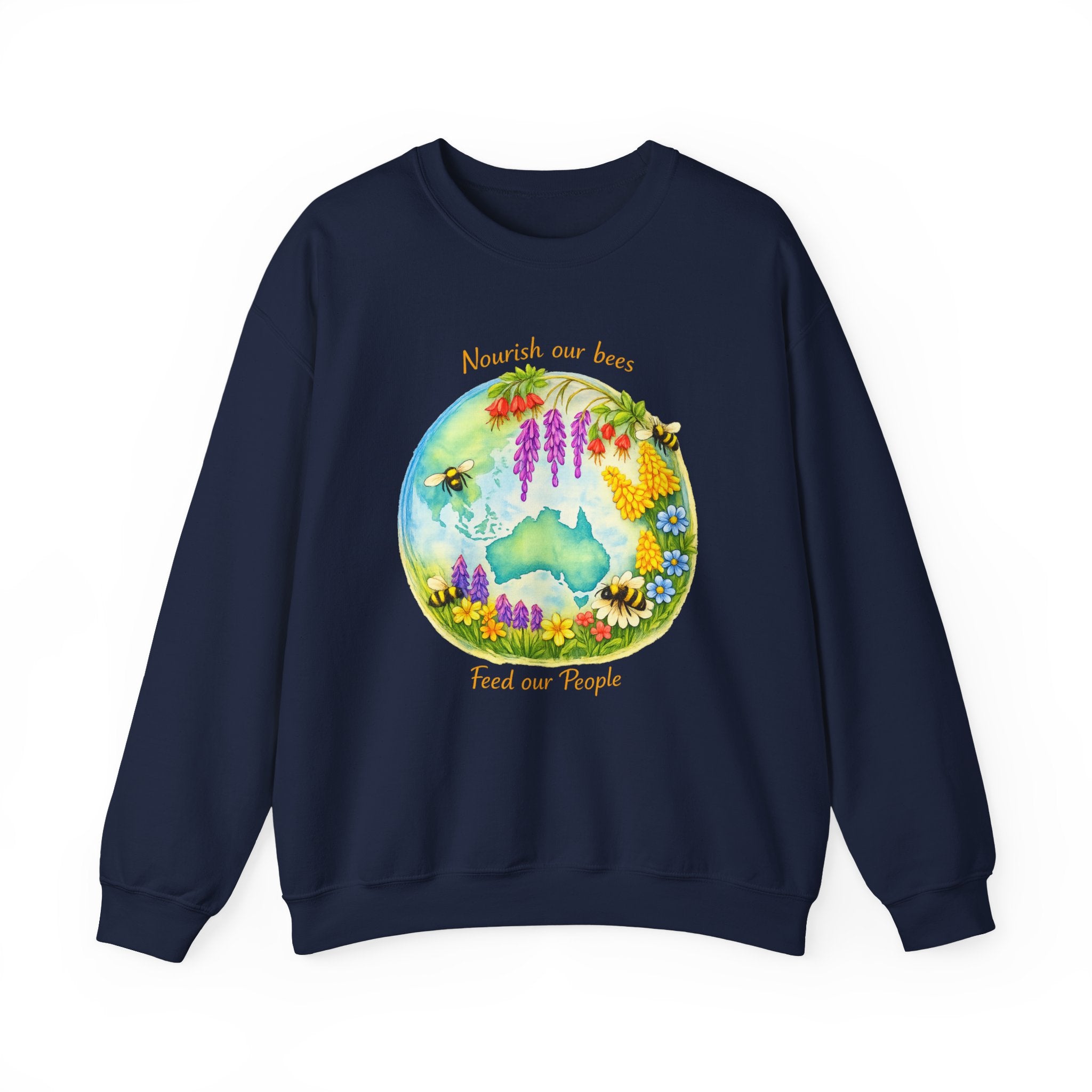 Crewneck Sweatshirt – "Nourish Our Bees, Feed Our People" Floral Australia Bee Conservation Design