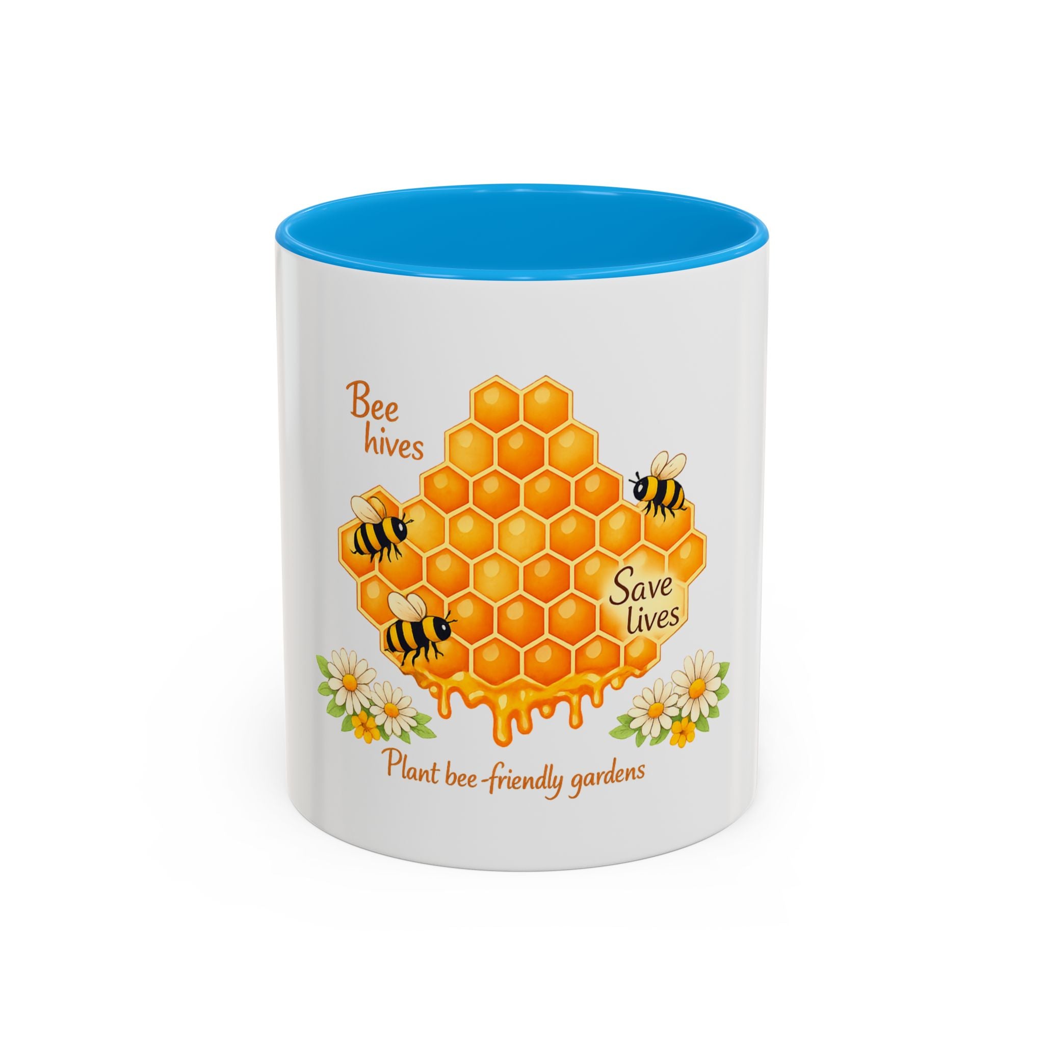 Bee-Friendly Honeycomb Mug — “Bee hives Save Lives” 11oz/15oz