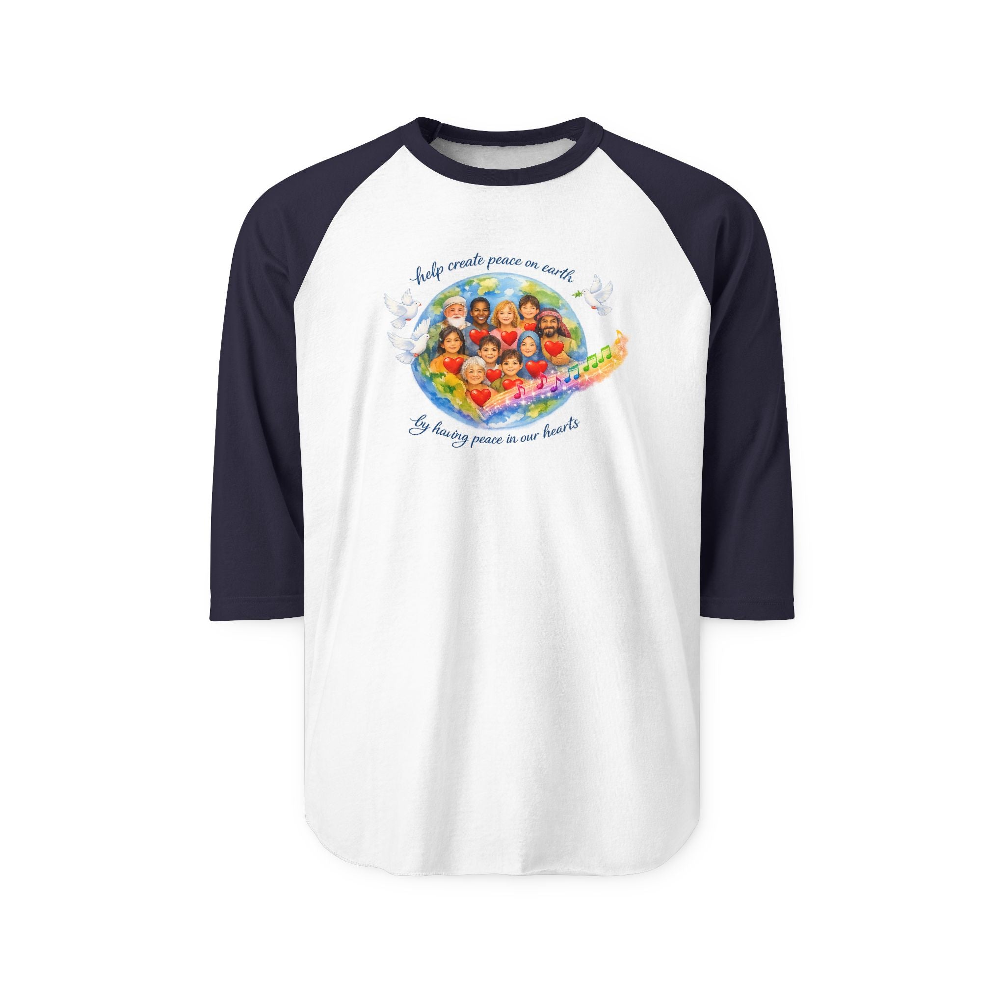 Raglan Shirt — "Help create peace on earth" Dove & Children Graphic Baseball Tee